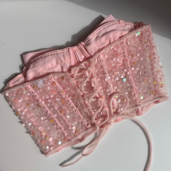 Baby Pink Sequin Tie-Back Bow Corset - Picture 9 of 11